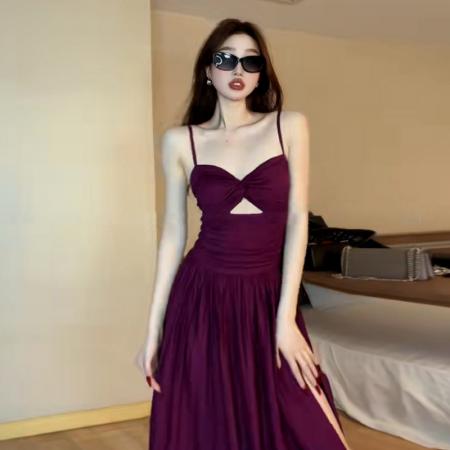 TR76327# 茶歇法式紫色吊带连衣裙子女夏季新款辣妹纯欲风性感开叉长裙